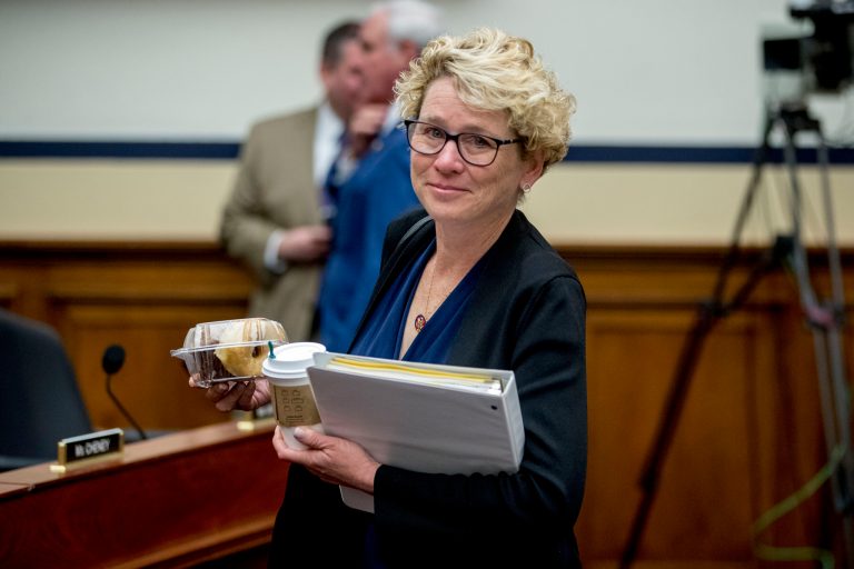 Rep. Chrissy Houlahan, D-Pa., arrives for a House Armed Services Committee budget hearing on Capitol Hill in Washington.