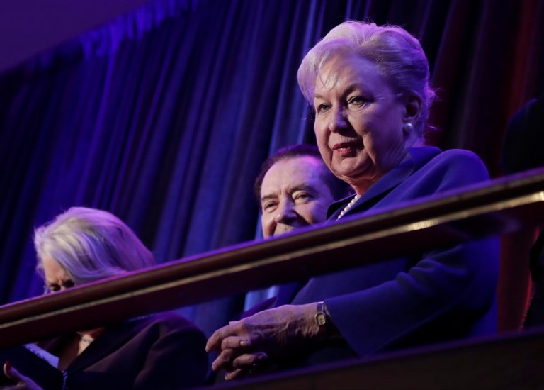 In this Nov. 9, 2016 file photo, Maryanne Trump Barry, sister of Donald Trump, sits on the balcony during Trump's election night rally in New York. 