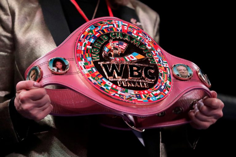 The WBC women's boxing title belt is on display.