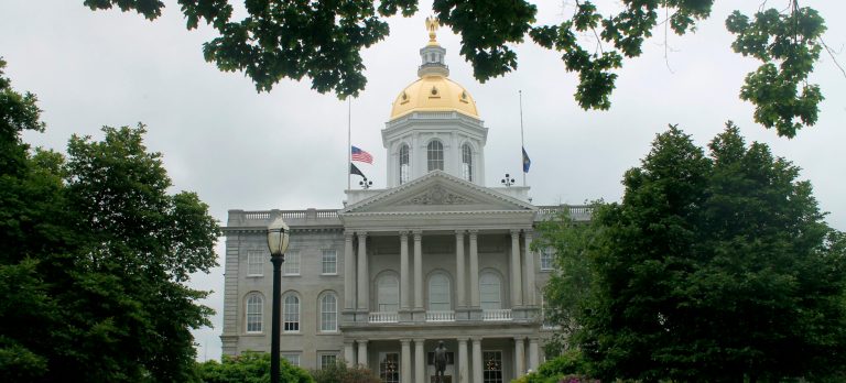 New Hampshire kicked off a weeklong bicentennial celebration for its Statehouse on Sunday, June 2, 2019, with cake, building tours and reenactments of the first Legislative session. The granite building is the oldest state capitol in which both houses of the Legislature meet in their original chambers.  (AP Photo/Holly Ramer).
