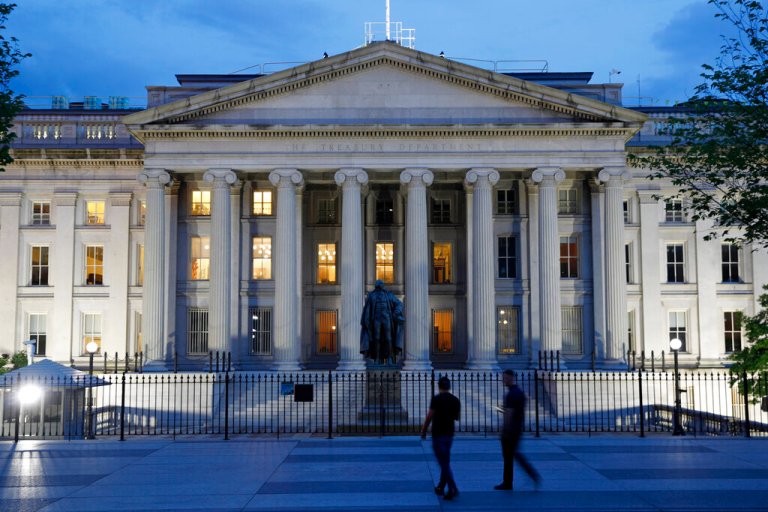 The U.S. Treasury Department building at dusk, Thursday, June 6, 2019, in Washington.