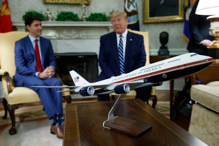 A model of the new Air Force One design sits on a table during a meeting between President Donald Trump and Canadian Prime Minister Justin Trudeau in the Oval Office of the White House, Thursday, June 20, 2019, in Washington.