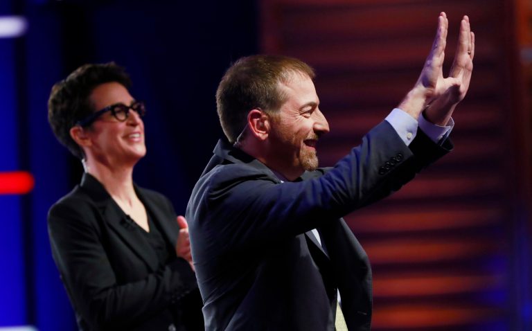 Chuck Todd, NBC News Political Director, and Rachel Maddow, MSNBC host, call for a pause during a Democratic primary debate hosted by NBC News at the Adrienne Arsht Center for the Performing Art, Wednesday, June 26, 2019, in Miami.