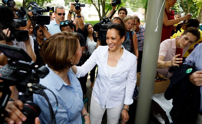 Former Democratic presidential candidates Sen. Kamala Harris and Sen. Amy Klobuchar, left, talk during the West Des Moines Democrats' annual picnic, Wednesday, July 3, 2019, in West Des Moines, Iowa. Both top the odds to be the vice presidential nominee.
