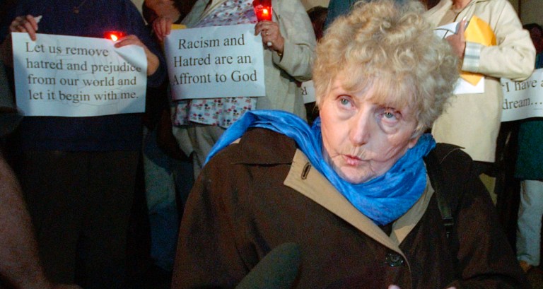 Eva Kor talks before the start of a candlelight vigil for the CANDLES Holocaust Museum in Terre Haute, Ind., Thursday, Nov. 20, 2003. Kor, who is an Auschwitz survivor, founded the museum that was destroyed by fire earlier in the week.