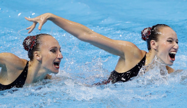 Israel's Eden Blecher and Shelly Bobritsky perform their routine in the artistic swimming duet free preliminary at the World Swimming Championships in Gwangju, South Korea, Tuesday, July 16, 2019.