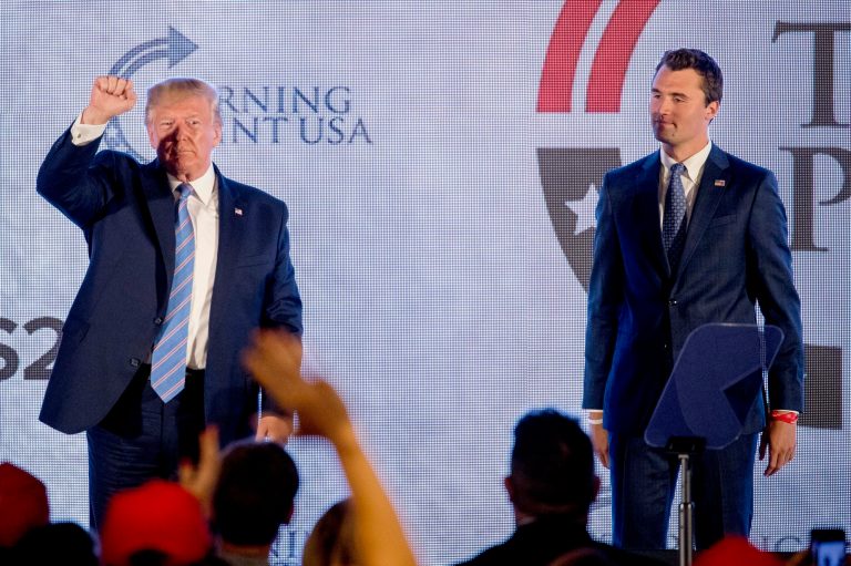 President Donald Trump is joined on stage with Turning Point USA Founder Charlie Kirk as he finishes speaking at Turning Point USA Teen Student Action Summit at the Marriott Marquis in Washington, Tuesday, July 23, 2019.