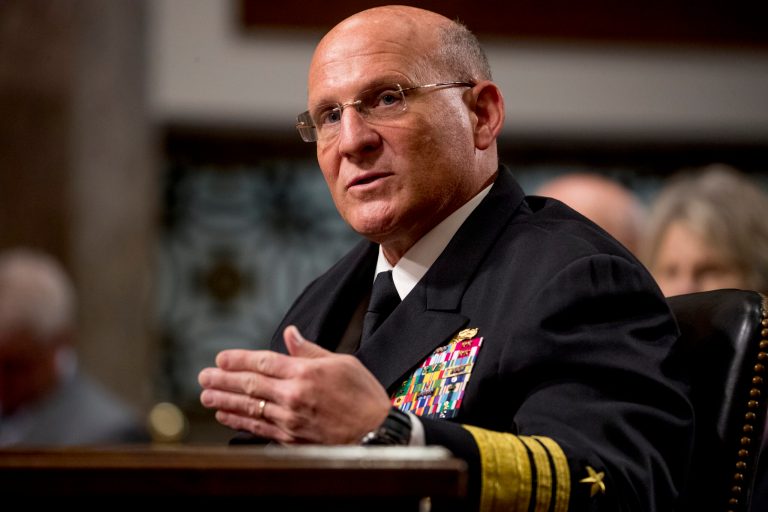 Vice Adm. Michael Gilday appears before the Senate Armed Services Committee on Capitol Hill in Washington, Wednesday, July 31, 2019, for his confirmation hearing to be an admiral and Chief of Naval Operations.