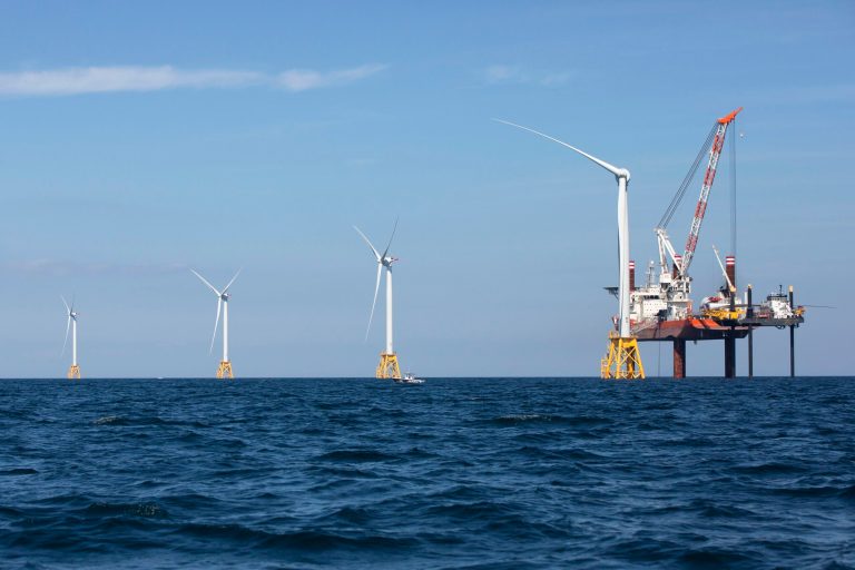 Wind turbines from the Deepwater Wind project are installed off Block Island, R.I., Monday, Aug. 15, 2016. Deepwater Wind's $300 million five-turbine wind farm off Block Island is expected to be operational this fall. 