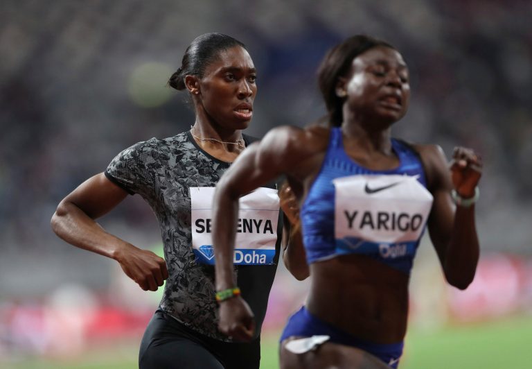 FILE - In this Friday, May 3, 2019 file photo, South Africa's Caster Semenya, left, competes to win the gold in the women's 800-meter final during the Diamond League in Doha, Qatar. Caster Semenya has signed for a South African soccer club and may be considering giving up track and field, it was announced Friday, Sept. 6. The Olympic 800-meter champion is currently in a legal battle with the IAAF over her right to compete without taking testosterone-suppressing medication.(AP Photo/Kamran Jebreili, file)