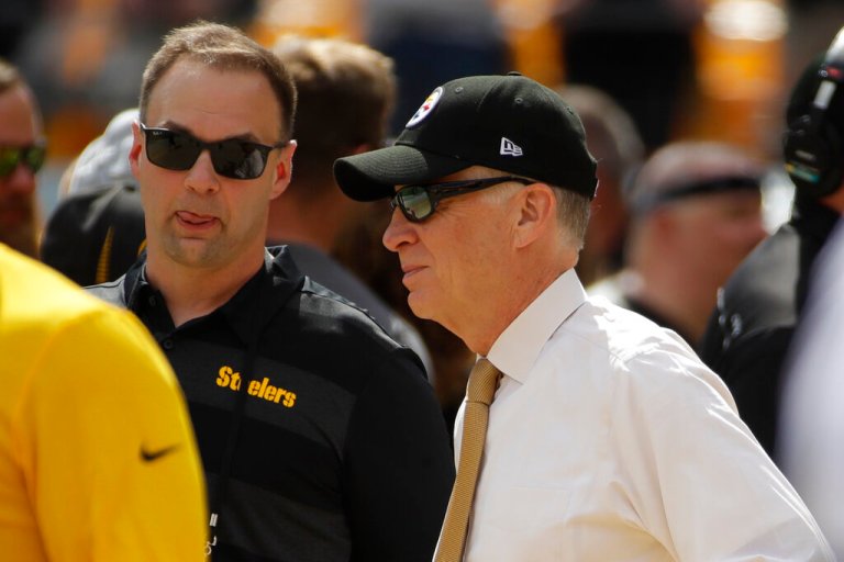 Pittsburgh Steelers President Art Rooney II, right, and co-owner Thomas Tull stand on the sideline before an NFL football game between the Pittsburgh Steelers and the Seattle Seahawks, Sunday, Sept. 15, 2019, in Pittsburgh. (AP Photo/Gene J. Puskar)