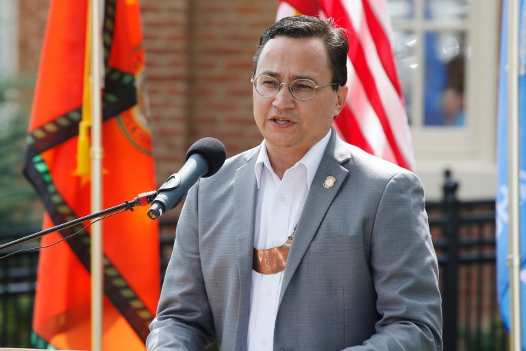 FILE - In this Aug. 22, 2019, file photo, Cherokee Nation Principal Chief Chuck Hoskin Jr., speaks during a news conference in Tahlequah, Okla.