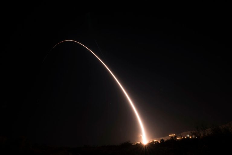 This image taken with a slow shutter speed and provided by the U.S. Air Force shows an unarmed Minuteman III intercontinental ballistic missile test launch early Tuesday, Oct. 2, 2019, at Vandenberg Air Force Base, California. 