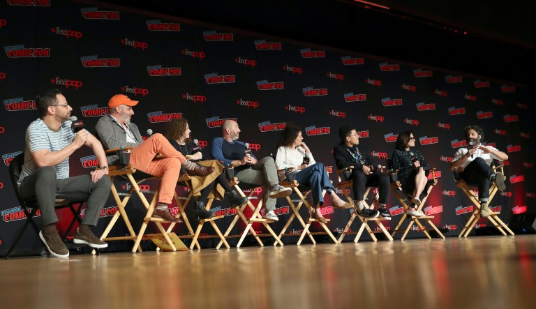 From left, Nick Kroll, Mark Levin, Jennifer Flackett, Andrew Goldberg, Emily Altman, Jaboukie Young-White, Jessi Klein and Jason Mantzoukas speak on stage during the 