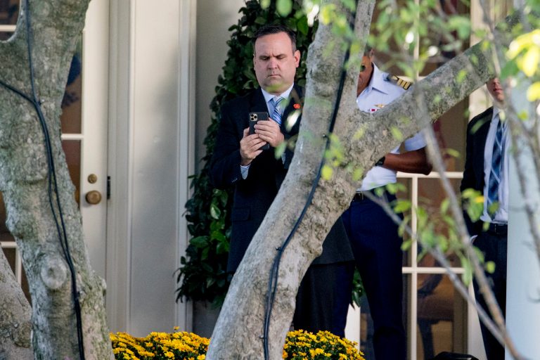 White House Social Media Director Dan Scavino stands outside of the Oval Office as President Donald Trump speaks to members of the media on the South Lawn of the White House in Washington, Friday, Oct. 11, 2019. Today he was named deputy chief of staff for communications.