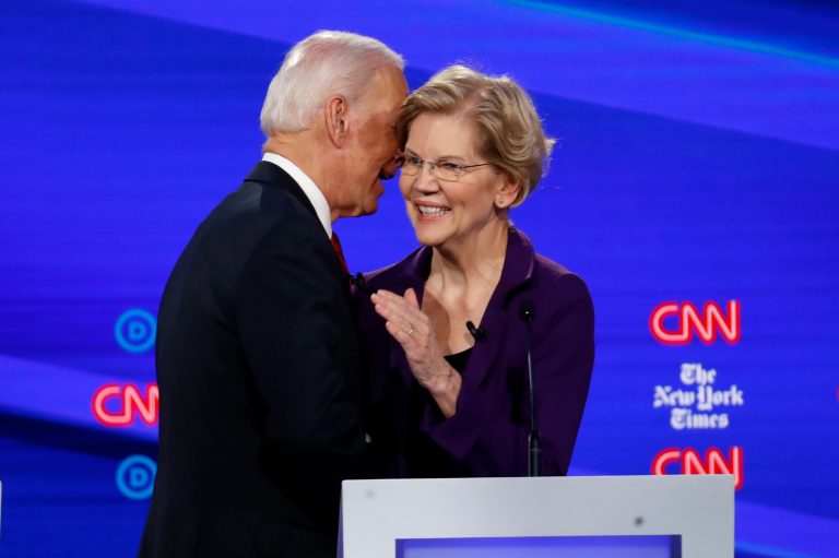 Democratic presidential candidate former Vice President Joe Biden, left, talks with Sen. Elizabeth Warren, D-Mass., during a Democratic presidential primary debate hosted by CNN/New York Times at Otterbein University, Tuesday, Oct. 15, 2019, in Westerville, Ohio. A new survey has primary voters favoring Warren for Biden's running mate.