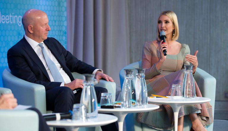 White House adviser Ivanka Trump, accompanied by Chairman and CEO of Goldman Sachs David Solomon, speaks during the forum Unleashing the Potential of Women Entrepreneurs through Finance and Markets, in the sidelines of the World Bank/IMF Annual Meetings in Washington, Friday, Oct. 18, 2019.