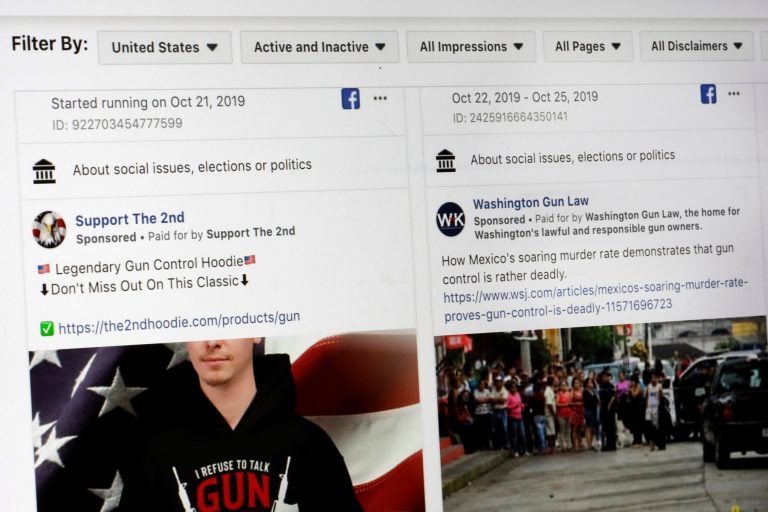 This photo shows a search for political ads that were on Facebook displayed on a computer screen Thursday, Oct. 31, 2019, in New York. Twitter's ban on political advertising is ratcheting up the pressure on Facebook and Mark Zuckerberg to follow suit but he has refused.