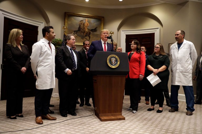 President Donald Trump speaks during an event on healthcare prices in the Roosevelt Room of the White House, Friday, Nov. 15, 2019, in Washington. The White House is working with key lawmakers to revitalize legislation to reform the industry.
