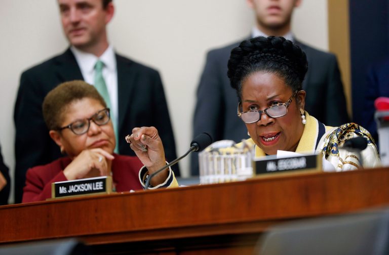 In this June 19, 2019, file photo Rep. Sheila Jackson Lee, D-Texas, right, speaks during a hearing about reparation for the descendants of slaves before the House Judiciary Subcommittee on the Constitution, Civil Rights and Civil Liberties, at the Capitol in Washington. Looking on is Rep. Karen Bass, D-Calif.
