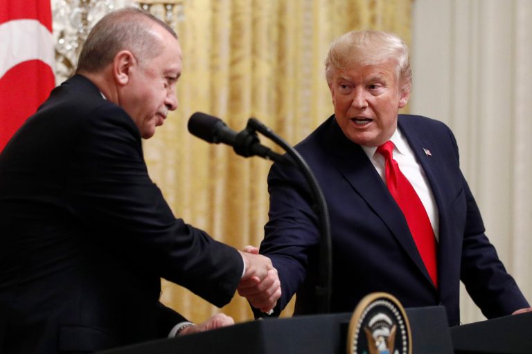 President Donald Trump shakes hands with Turkish President Recep Tayyip Erdogan during a news conference in the East Room of the White House in November 2019.