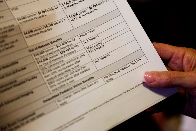 FILE - In this Dec. 4, 2017 file photo, a person looks over a health insurance benefit comparison chart in Georgia. (AP Photo/David Goldman, File)