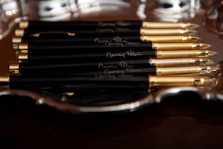 House Speaker Nancy Pelosi used these pens to sign the resolution to transmit the two articles of impeachment against President Donald Trump to the Senate for trial. They could sell for $50,000 each at auction.
