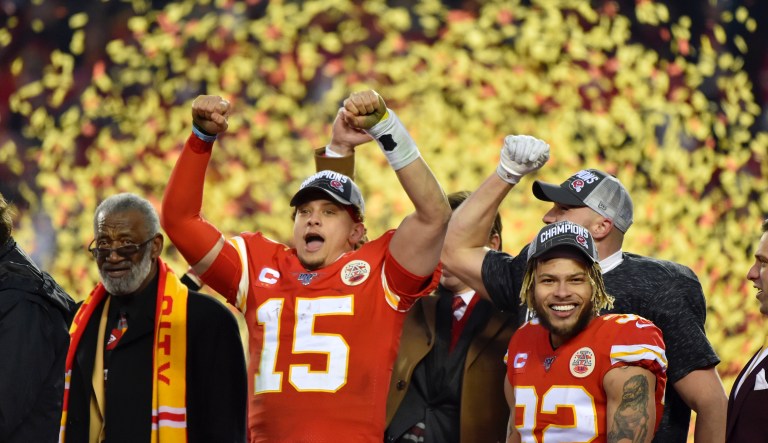 Kansas City Chiefs quarterback Patrick Mahomes (15) and strong safety Tyrann Mathieu (32) after the NFL AFC Championship football game against the Tennessee Titans Sunday, Jan. 19, 2020, in Kansas City, MO. The Chiefs won 35-24 to advance to Super Bowl 54. 