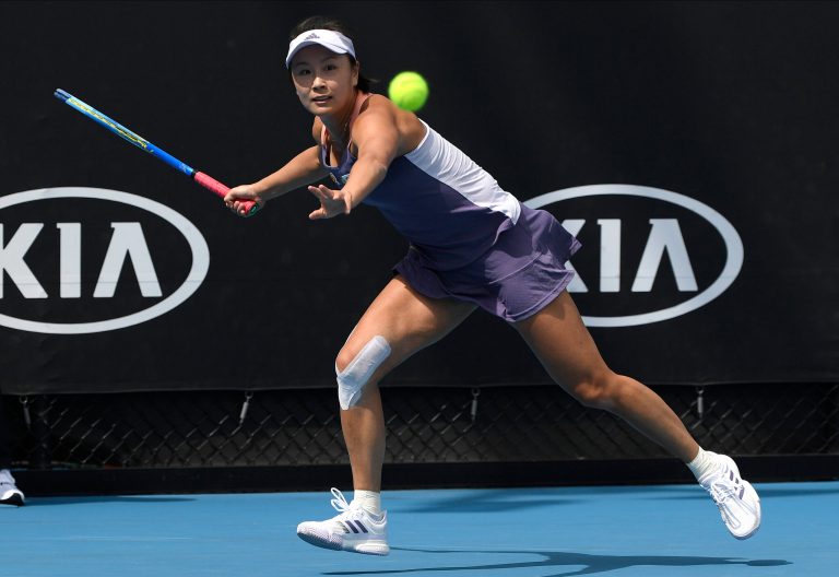 China's Peng Shuai makes a forehand return to Japan's Nao Hibino during their first round singles match at the Australian Open tennis championship in Melbourne, Australia, Tuesday, Jan. 21, 2020. (AP Photo/Andy Brownbill)