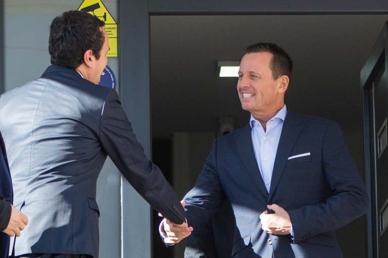 Leader of Vetevendosje, newly nominated prime minister of Kosovo Albin Kurti, left, meets with former U.S. ambassador to Germany Richard Grenell in Kosovo's capital Pristina in January. An effort to block Grenell from a Carnegie Mellon University fellowship failed.