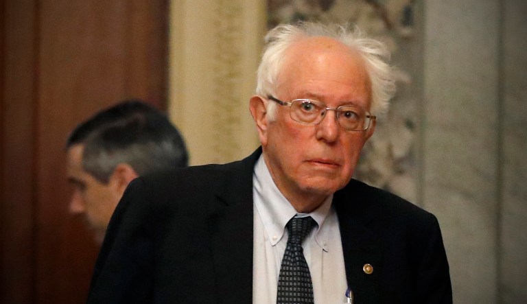 Sen. Bernie Sanders of Vermont arrives at the Capitol in Washington during the impeachment trial of President Trump on charges of abuse of power and obstruction of Congress on Saturday.