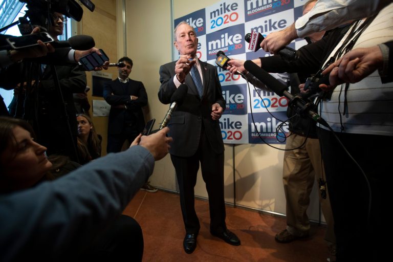 Democratic presidential candidate former New York City Mayor Michael Bloomberg speaks to reporters after a campaign event, Monday, Jan. 27, 2020, in Burlington, Vt.