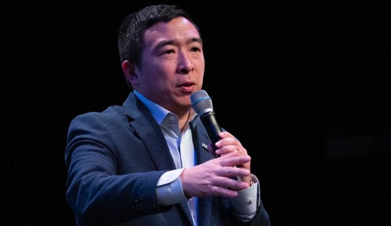Democratic presidential candidate entrepreneur Andrew Yang speaks during the New Hampshire Youth Climate and Clean Energy Town Hall, Wednesday, Feb. 5, 2020, in Concord, N.H.