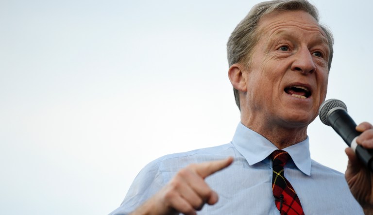 Democratic presidential candidate Tom Steyer speaks at a campaign block party on Sunday, Feb. 9, 2020, in Winnsboro, S.C.