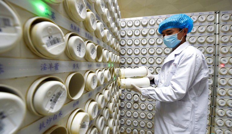 In this photo released by Xinhua News Agency, a pharmacist processes the granules of traditional Chinese medicine (TCM) at the Gansu Provincial Hospital of TCM in Lanzhou, northwest China's Gansu Province, Feb. 20, 2020. 