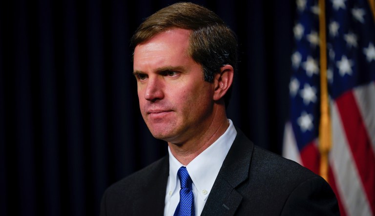 Kentucky Democratic Governor Andy Beshear speaks to the press at the Capitol in Frankfort, Ky., Wednesday, Feb. 19, 2020.
