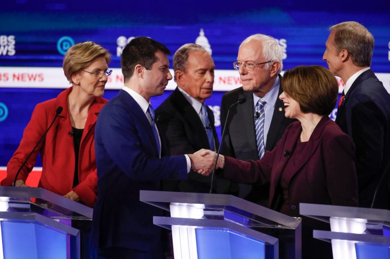 Center of attention. From left, Democratic presidential candidates, Sen. Elizabeth Warren, D-Mass., former South Bend Mayor Pete Buttigieg, former New York City Mayor Mike Bloomberg, Sen. Bernie Sanders, I-Vt., Sen. Amy Klobuchar, D-Minn., and businessman Tom Steyer, greet on another on stage at the end of the Democratic presidential primary debate at the Gaillard Center, Tuesday, Feb. 25, 2020, in Charleston, S.C., co-hosted by CBS News and the Congressional Black Caucus Institute.