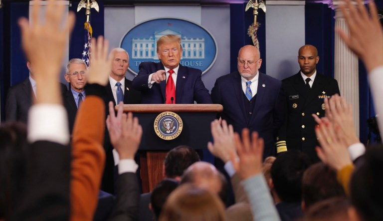 President Donald Trump speaks at the White House in Washington, Saturday, Feb. 29, 2020.