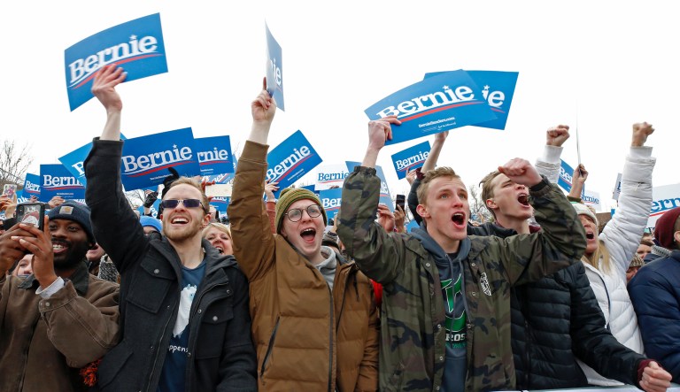 Supporters cheer as Democratic presidential candidate, Bernie Sanders, speaks to them at a rally Monday, March 2, 2020, in Salt Lake City. Sanders is making a stop in Salt Lake a day before Super Tuesday primaries which Utah is a part of. 