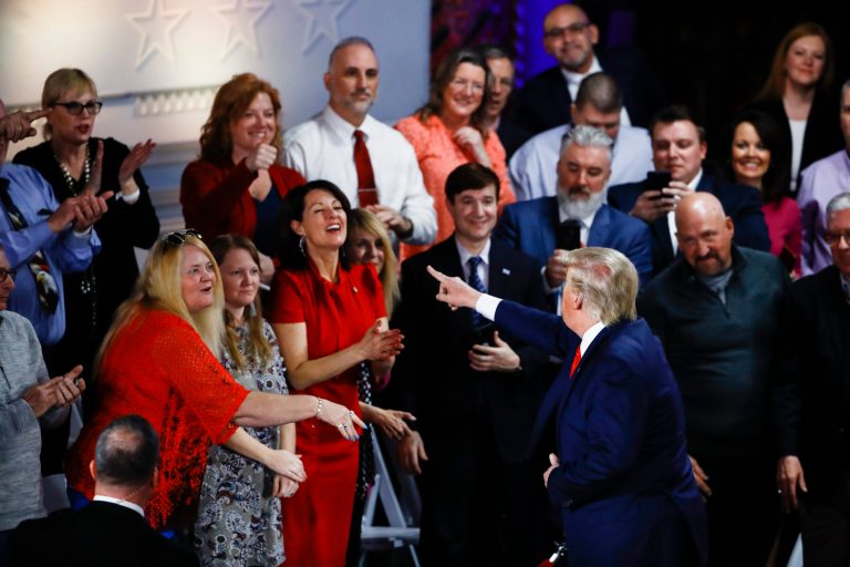 President Donald Trump meets with attendees after a FOX News Channel Town Hall in Scranton, Pa., Thursday.