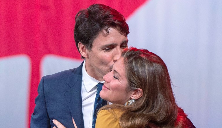 Liberal leader Justin Trudeau celebrates with his wife, Sophie Gregoire in October 2019 in Montreal.