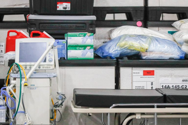 Medical supplies are displayed before a news conference with New York Gov. Andrew Cuomo at the Jacob Javits Center, Monday, March 23, 2020, in New York. Nearly all Americans in a new poll want medical care prices to be transparent so they can shop around.