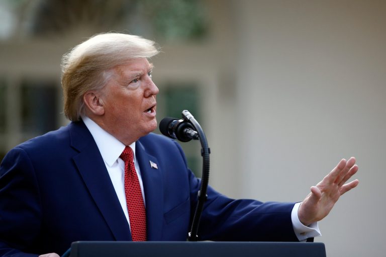 President Donald Trump speaks during a coronavirus task force briefing in the Rose Garden of the White House, Sunday.