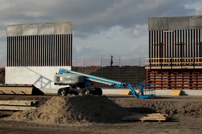 The first panels of levee border wall are seen at a construction site along the U.S.-Mexico border, in Donna, Texas last November. The administration is putting up a web cam to track construction for the public.