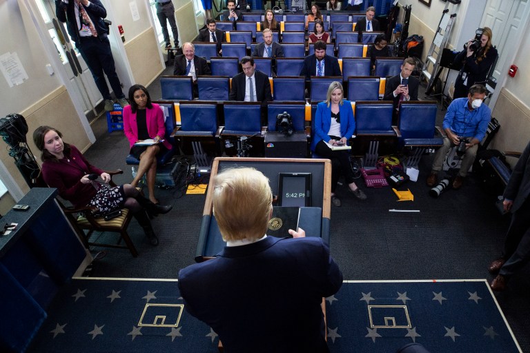 President Donald Trump speaks about the coronavirus in the James Brady Press Briefing Room of the White House, Tuesday.