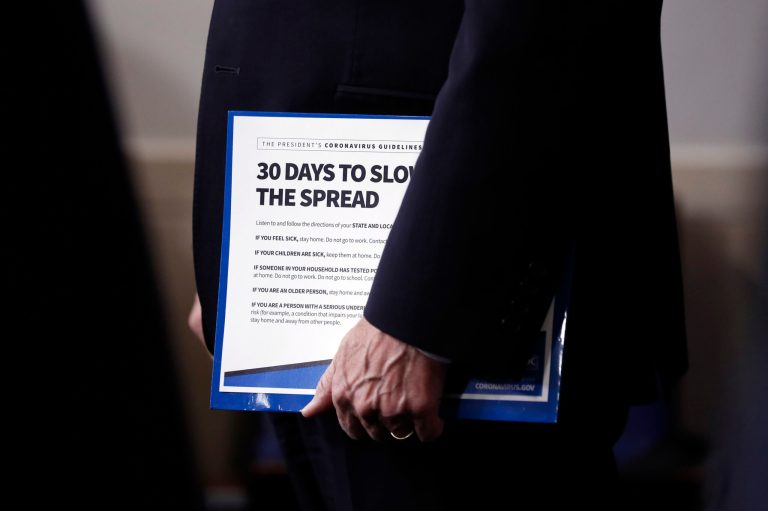 Vice President Mike Pence holds his notes as President Donald Trump speaks about the coronavirus in the James Brady Press Briefing Room of the White House, Thursday. The recommendations include ending discretionary travel, which most have ignored.