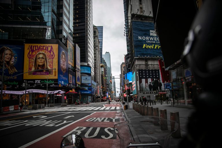 An unusually empty Times Square is seen with streets free of traffic in New York, on Wednesday, March 25, 2020, due to the coronavirus scare. A new report said tax-payers are fleeing the state.