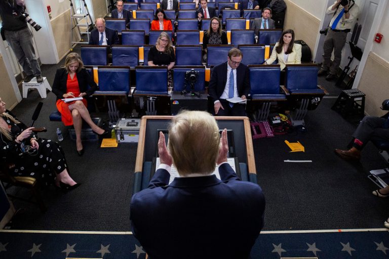 President Donald Trump speaks about the coronavirus in the James Brady Press Briefing Room at the White House, Monday.