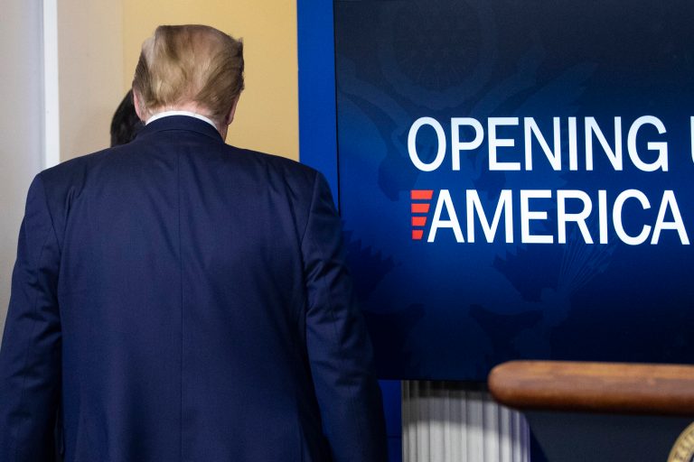 President Donald Trump departs after speaking about the coronavirus in the James Brady Press Briefing Room of the White House, Thursday.