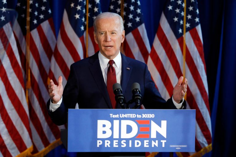 In this Tuesday, Jan. 7, 2020 file photograph, presumptive Democratic presidential nominee Joe Biden gestures during a foreign policy statement in New York.